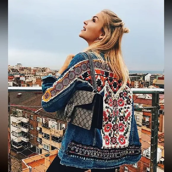 Denim bohemian stitched Aztec tribal floral embroidered denim jacket coat - Picture 16 of 16